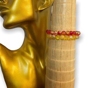 Red And Yellow Handmade Beaded Bracelet Set One Size Stretch Neon Orange Amber